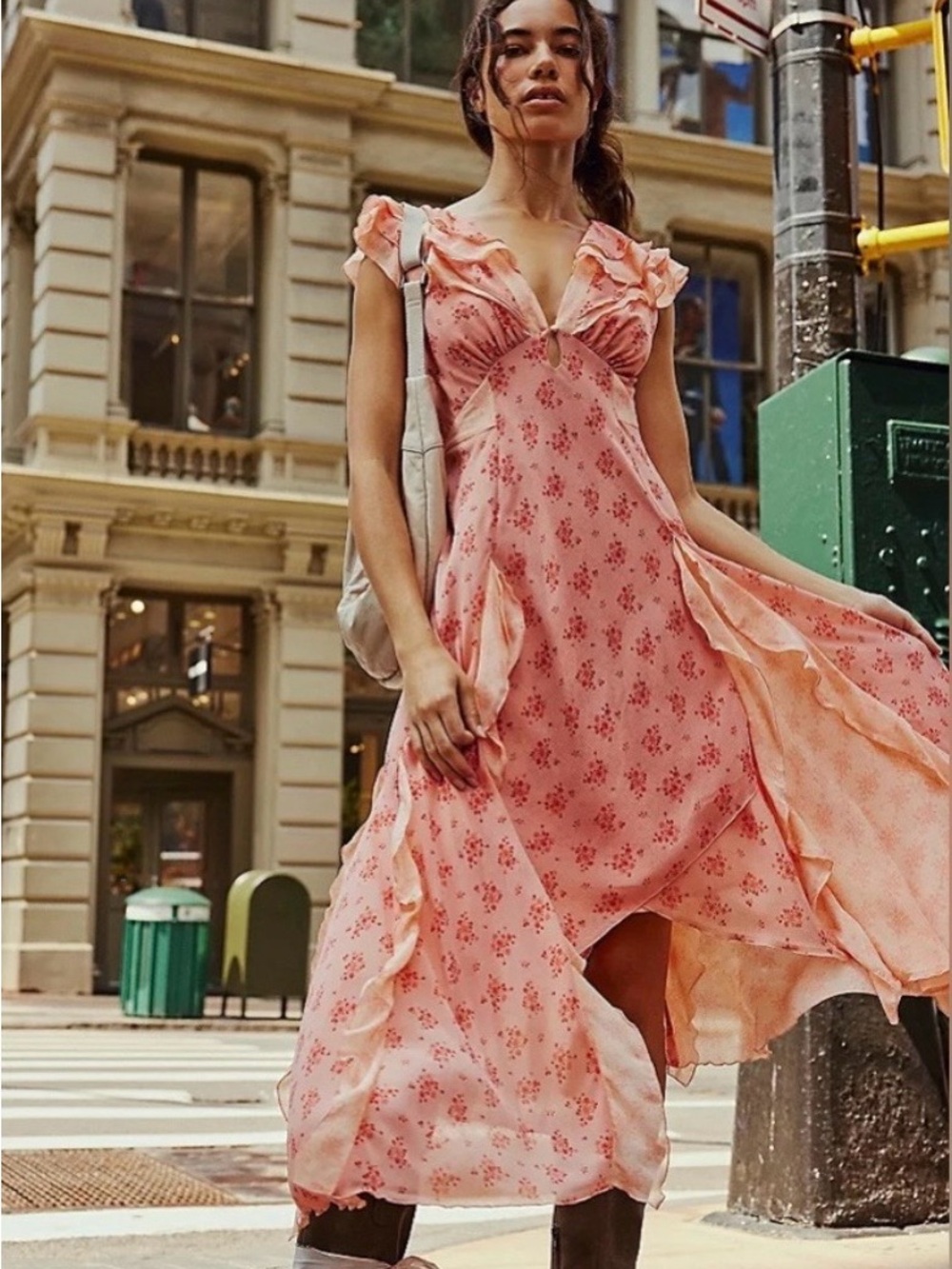 Free People Joaquin Pink Floral Ruffle Midi Dress